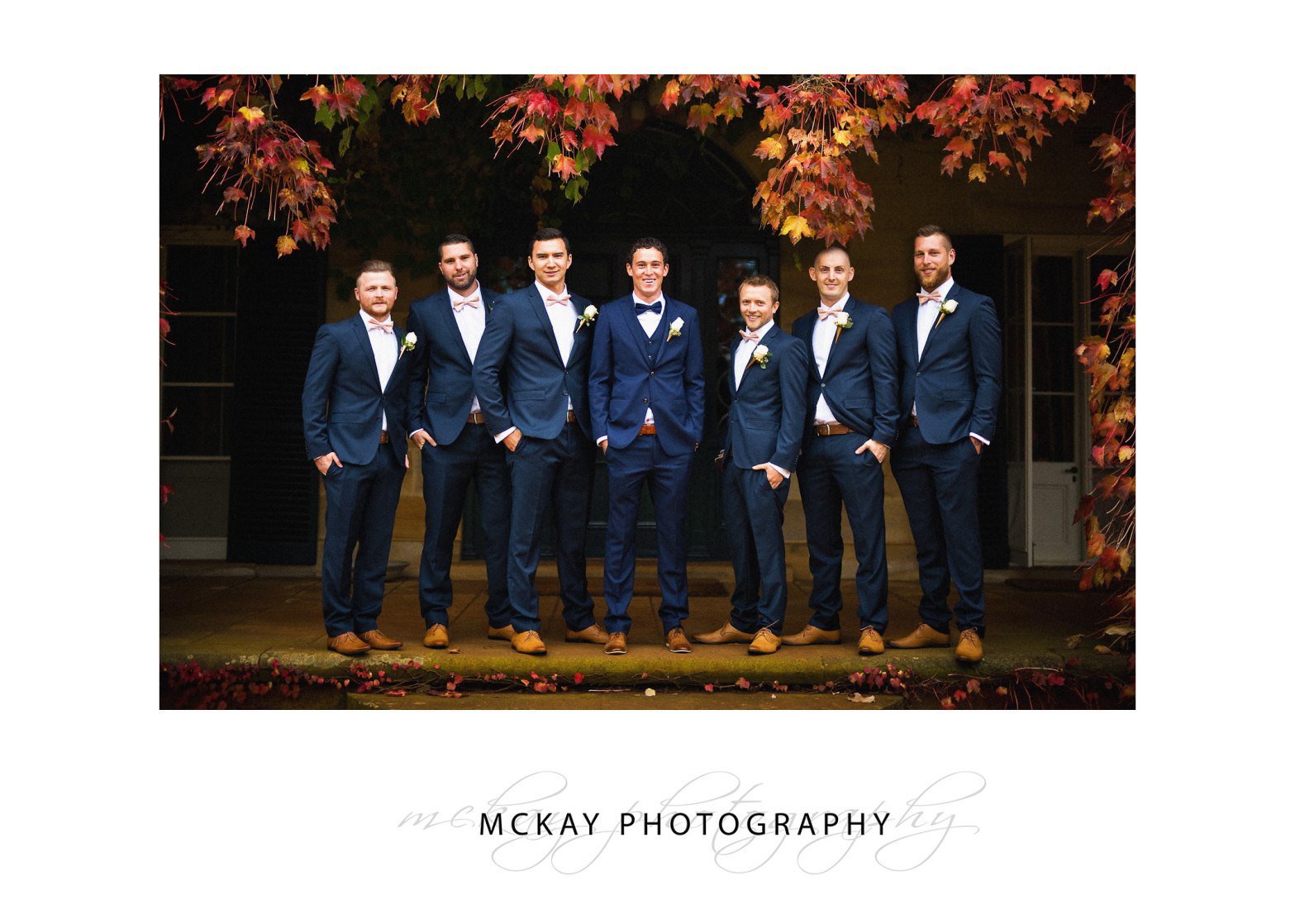 Bridal party at Bendooley Estate autumn leaves