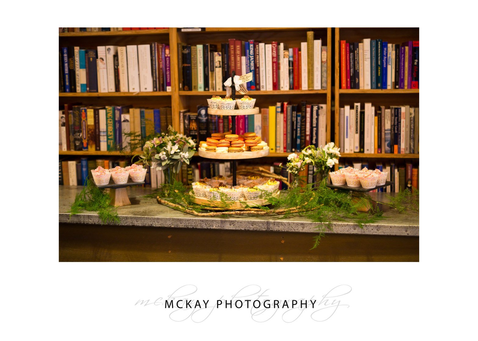 Wedding cake set up at the Book Barn