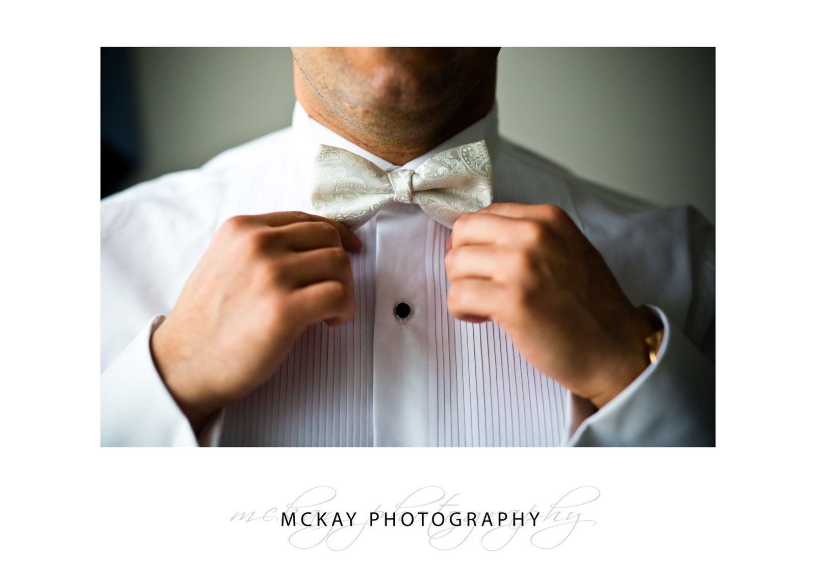 Close up of grooms bow tie