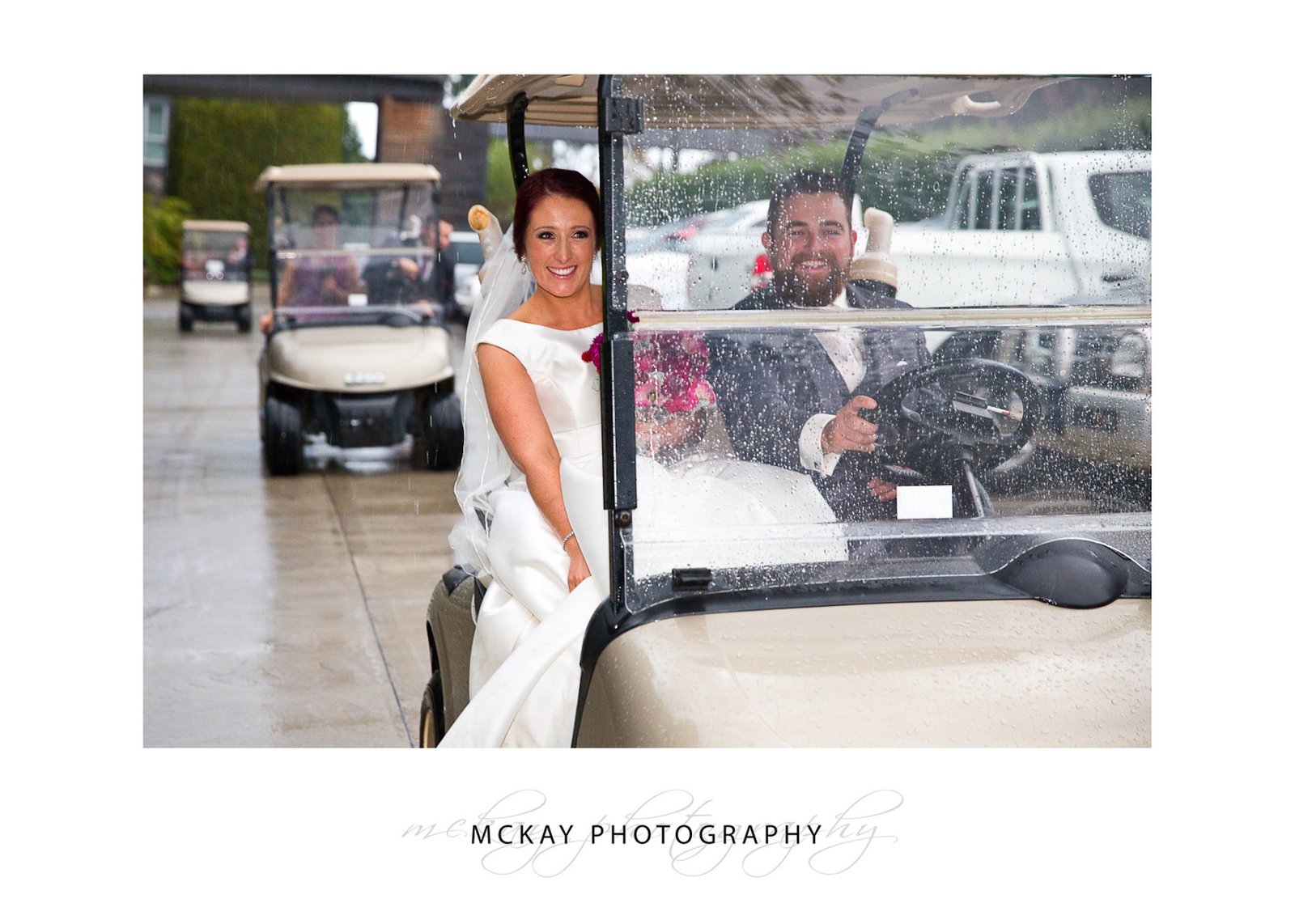 Golf carts wedding in rain Gibraltar Hotel