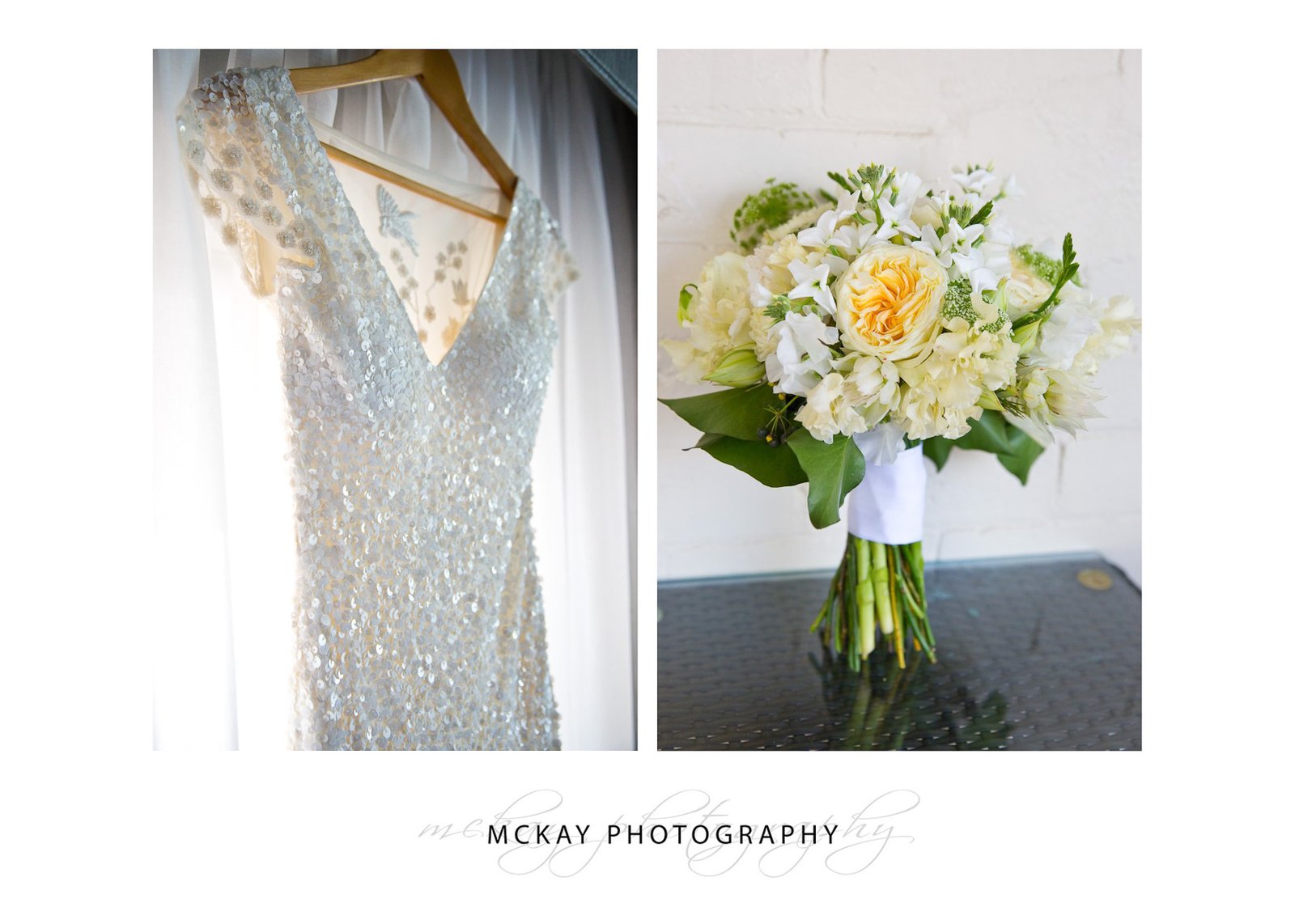 Wedding detail photos dress and flowers bouquet