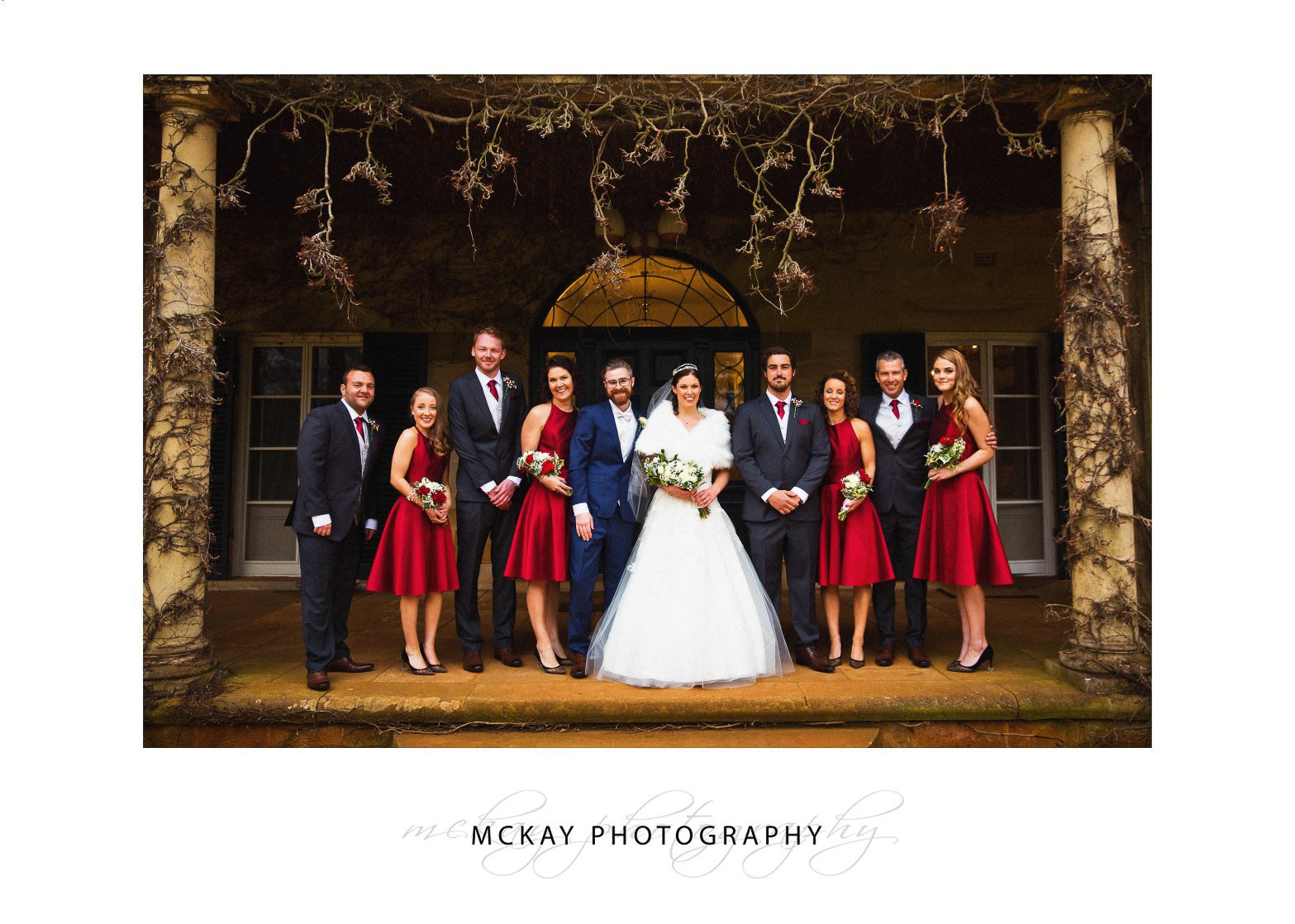 Bridal party photo at the old Bendooley Homestead