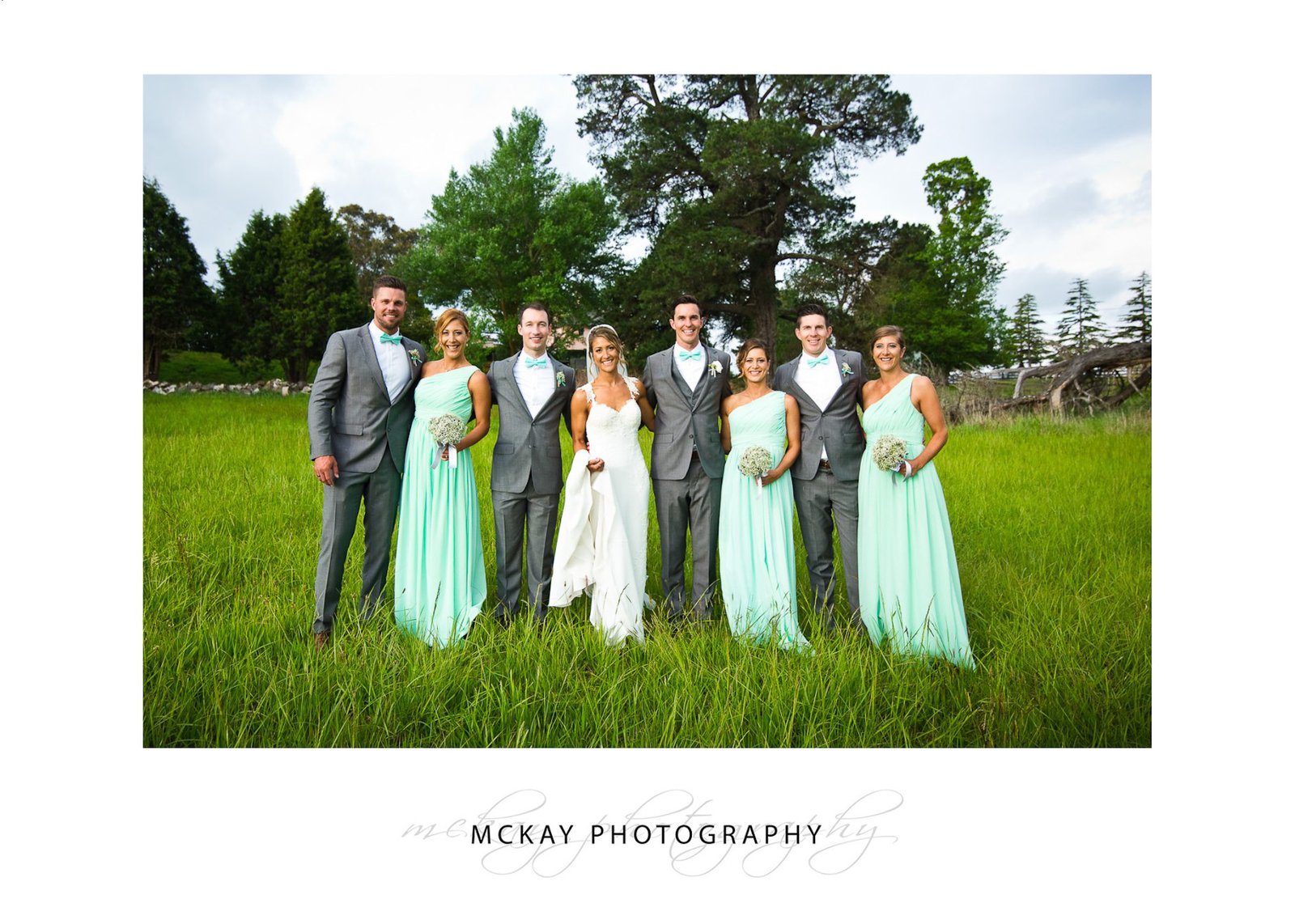 Bridal party in grass field near Briars
