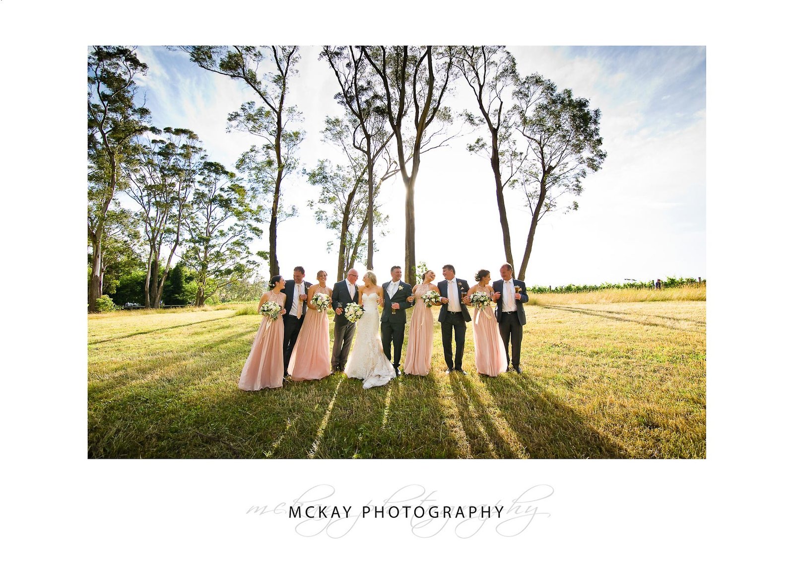 Bridal party photo grass field