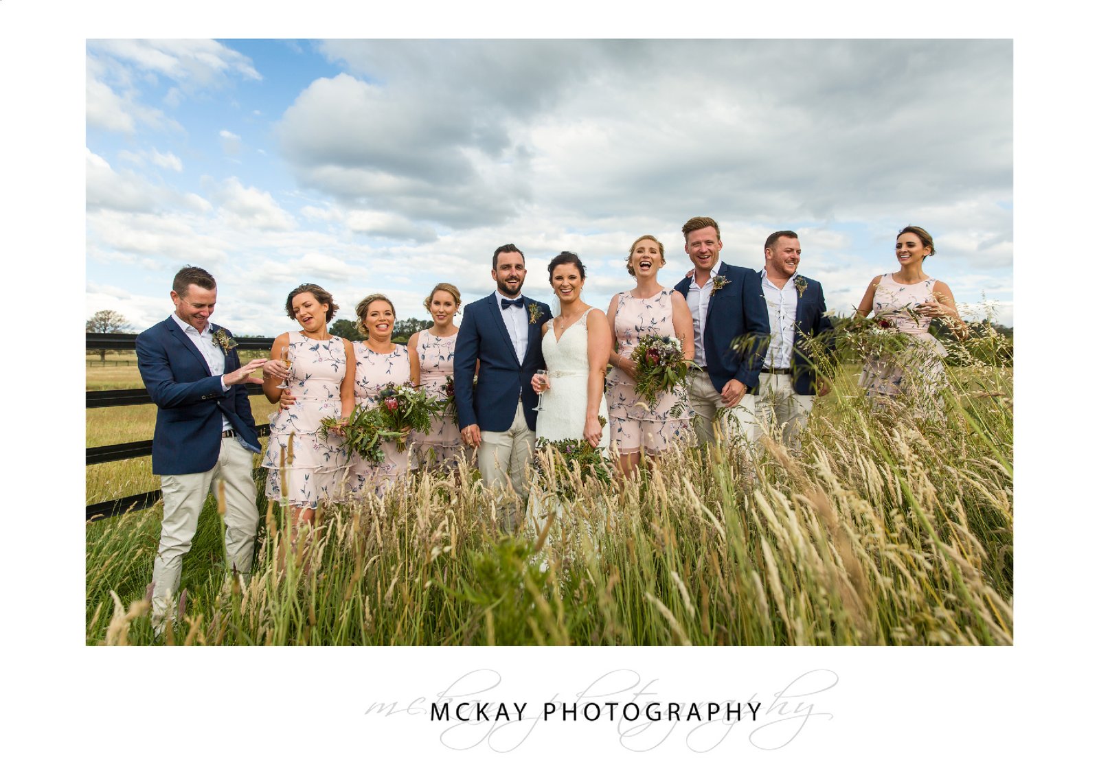 Bridal party is grass fields
