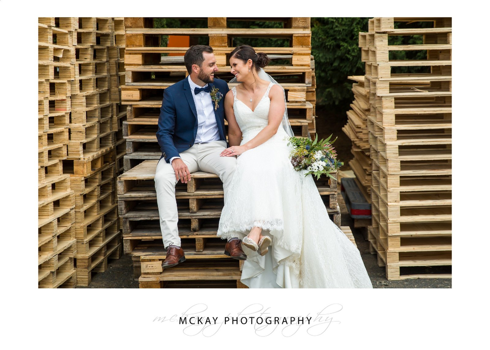 Amongst the pallets at Southern Highlands Winery wedding