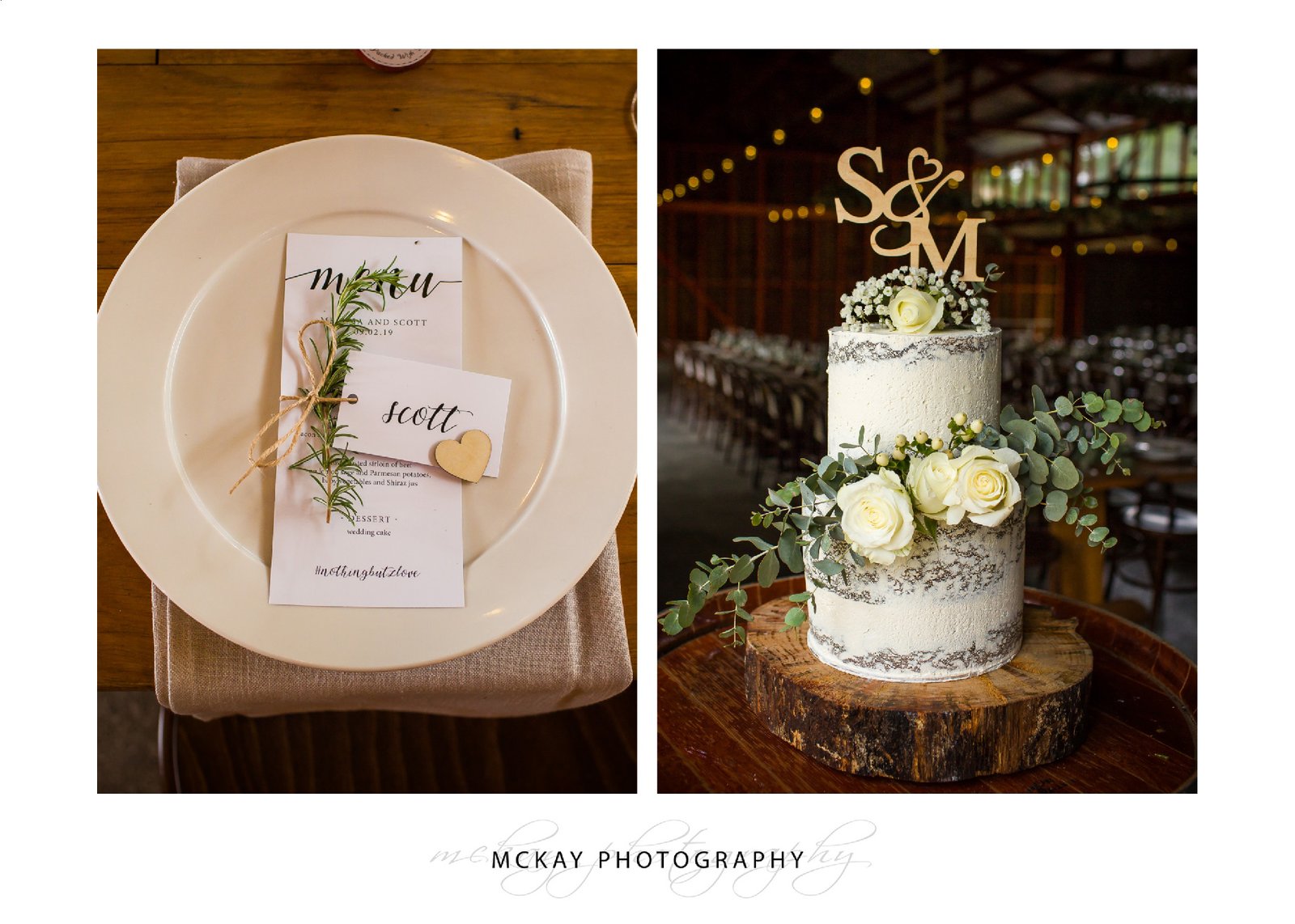Wedding cake and table setting details